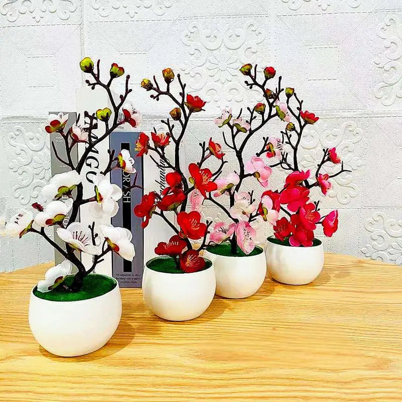 Simulation Plum Flower Pot Plant Artificial Plastic Fake Flowers Home Office Desktop Ornaments Wedding Party Background Decor Qme