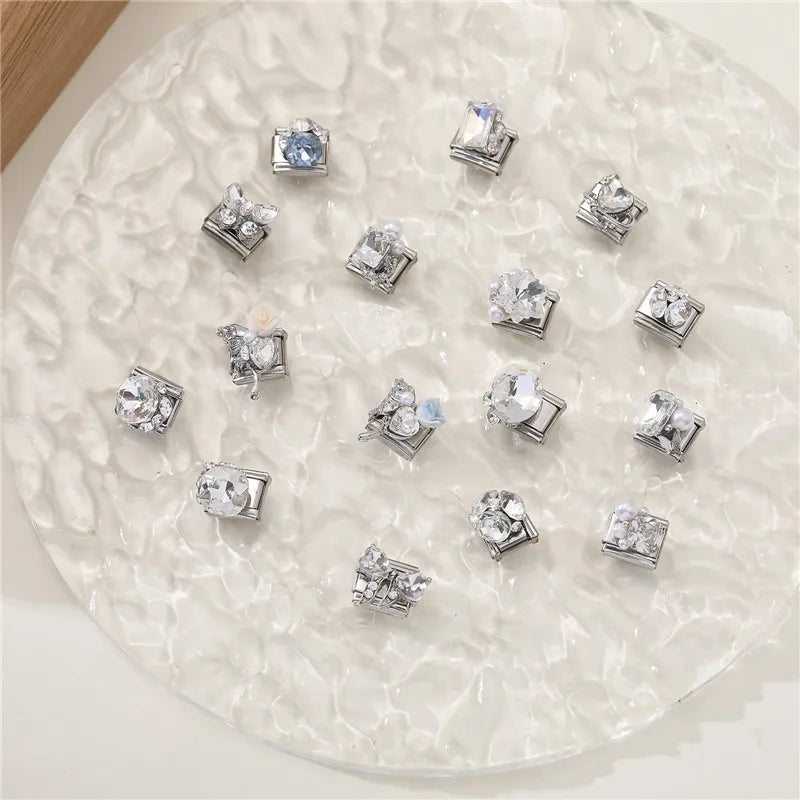 Y2K Blue Pink Gems Bows Heart Water Drop Butterfly Italian Charm Links Stainless Steel Fit 9mm Bracelet Jewelry DIY Making Gifts Qme