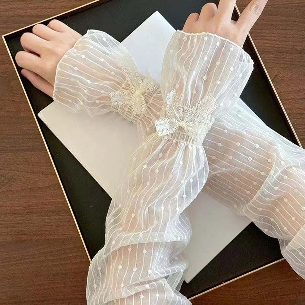 1 pair French Retro Bowknot Lace Sun Protection Sleeves Elastic Ruffle Trim Breathable Lightweight Fabric Mesh Arm Covers Qme Beige