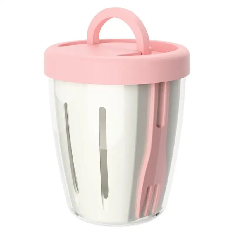 Cylindrical Salad Container Plastic Fruit Cup Fork Drainage Holes Qme Pink