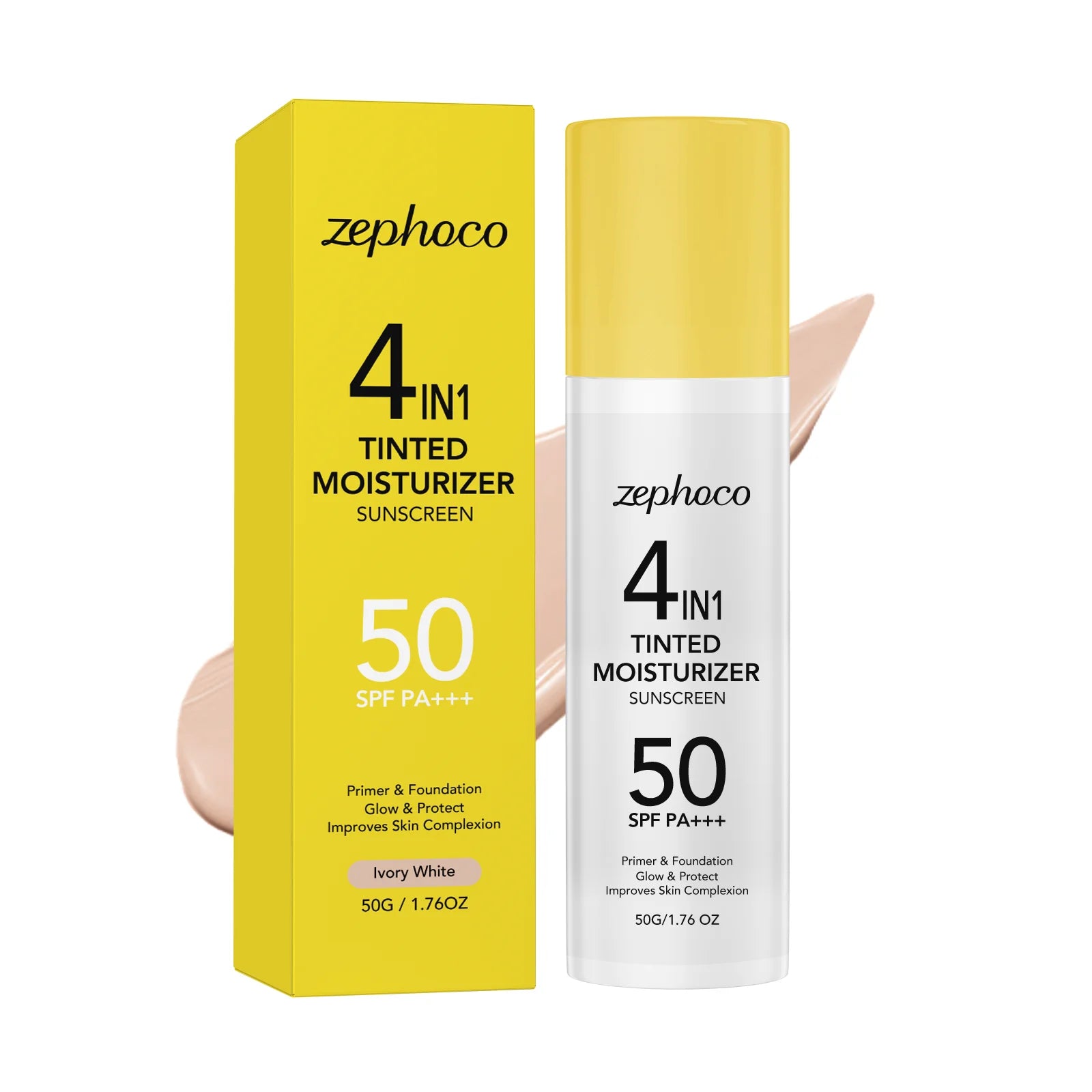 zephoco Tinted Moisturizer Sunscreen Spf 50 Anti UV Improve Skin Tone Full Coverage Foundation Base Makeup Moisturizing Sunblock Qme Ivory White