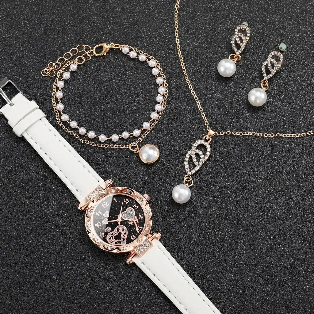 Women 4Pcs Watch Jewelry Set Rhinestone Heart Dial Leather Quartz Watch Pearl Necklace Earrings Bracelet Gift Set Qme