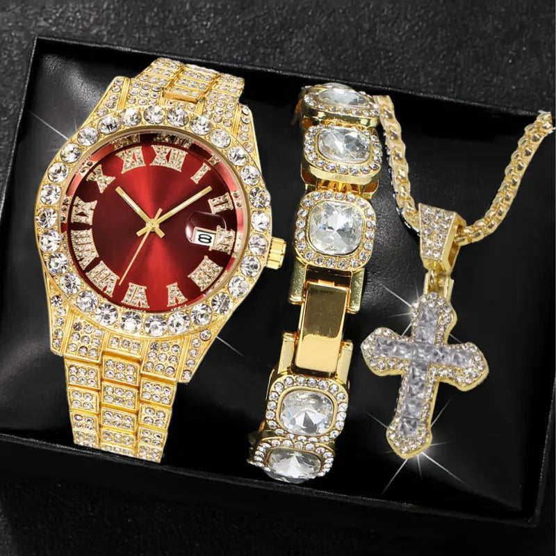 Men's Full Diamond Two-tone Watch and Jewelry Combo Set, Iced Out Green Stone Bracelet + Cross Pendant + Watch, Perfect Gift Qme