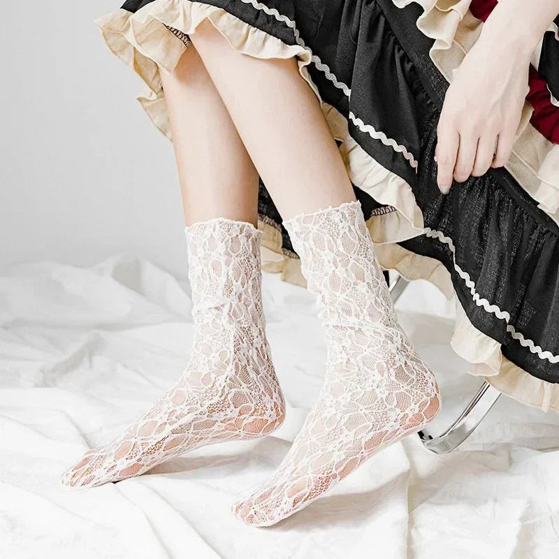 Women Kawaii Japanese Fashion Sock Retro Lace Floral Mesh Lolita Cute Qme