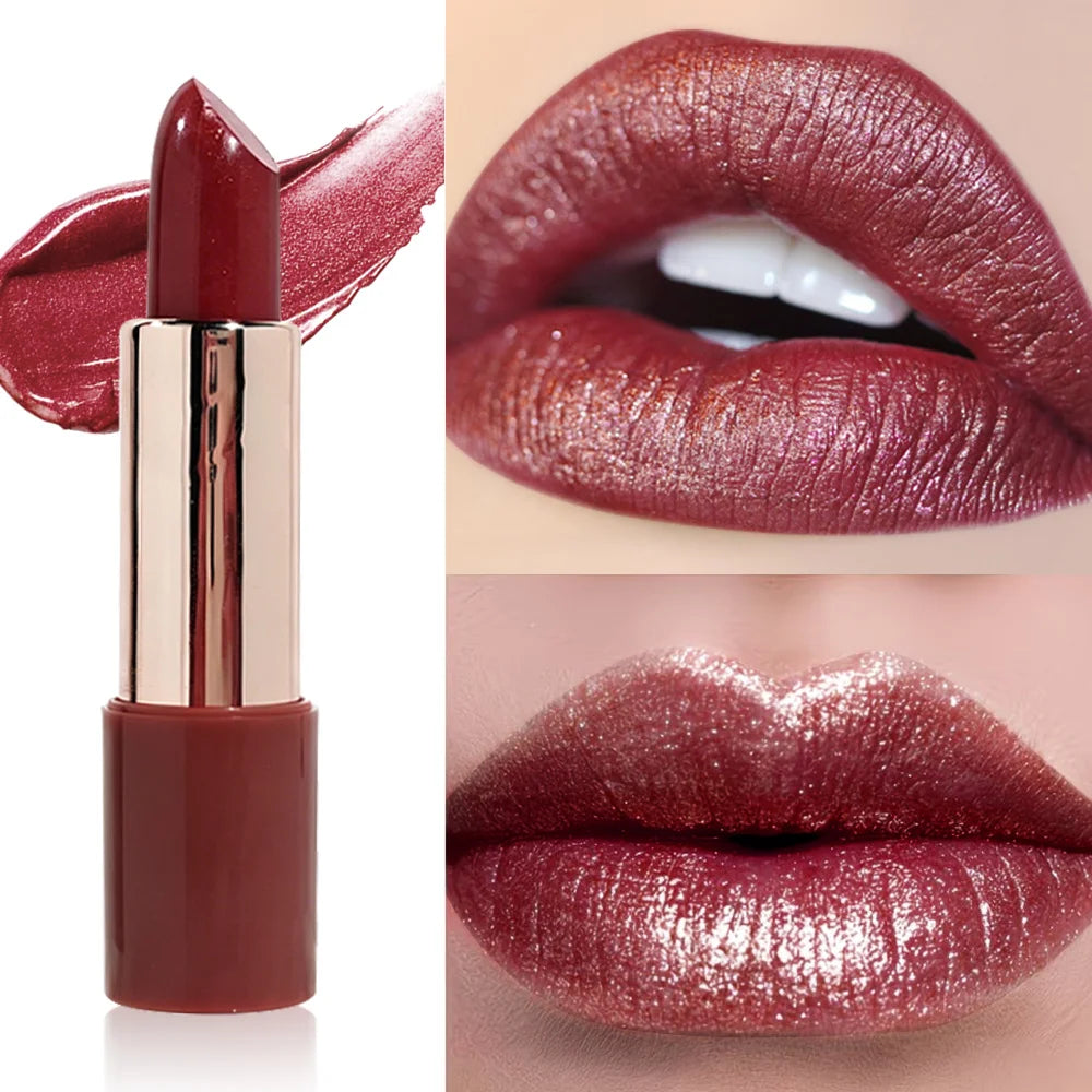 JUJU DREAM Coffee Red Rose Gold Shimmer Lipstick Metallic Glitter Qme