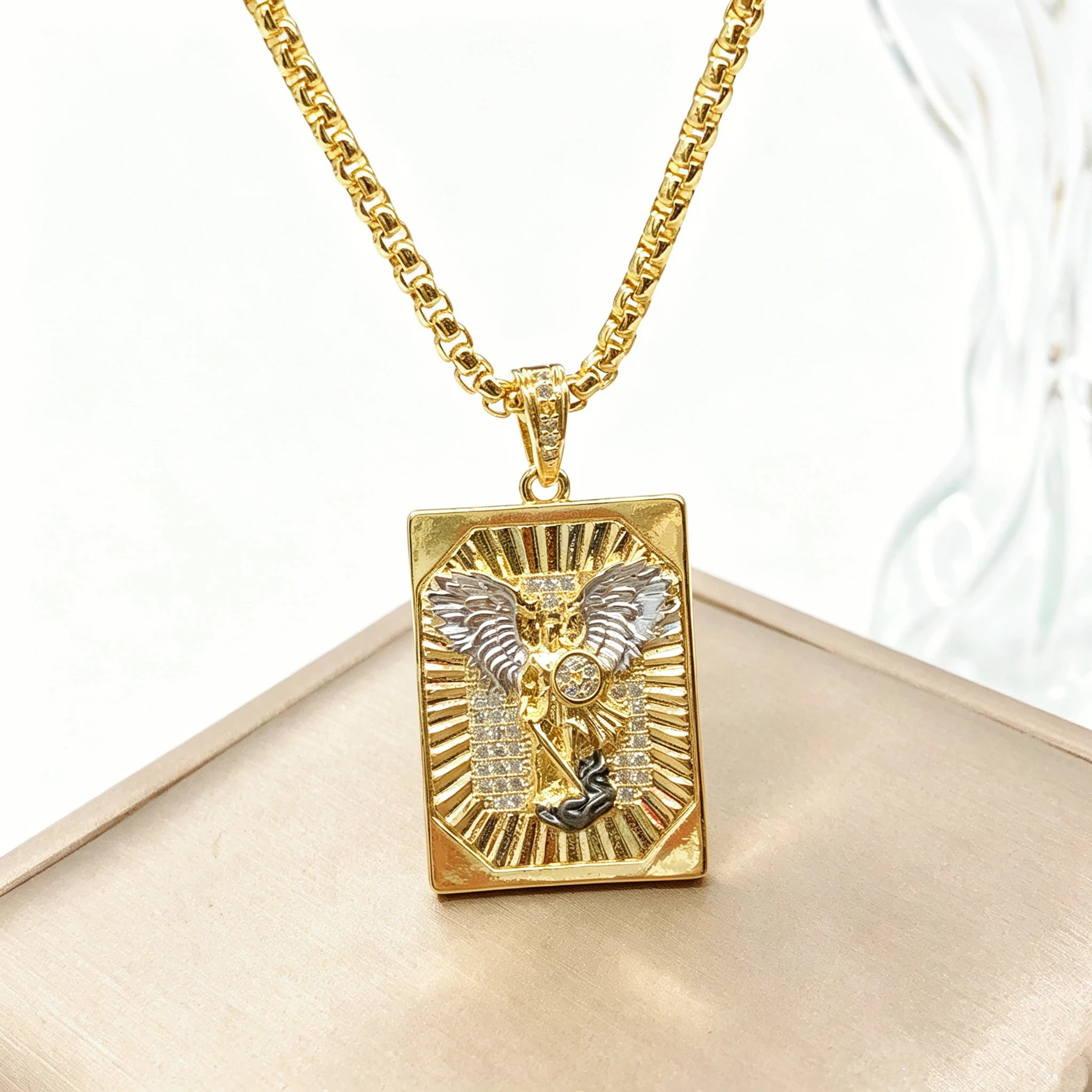 High Quality Square Religious St. Michael Stainless Steel Necklace Fashion for Men Women Party Gold/Rose Gold Zircon Jewelry Qme 2 60cm