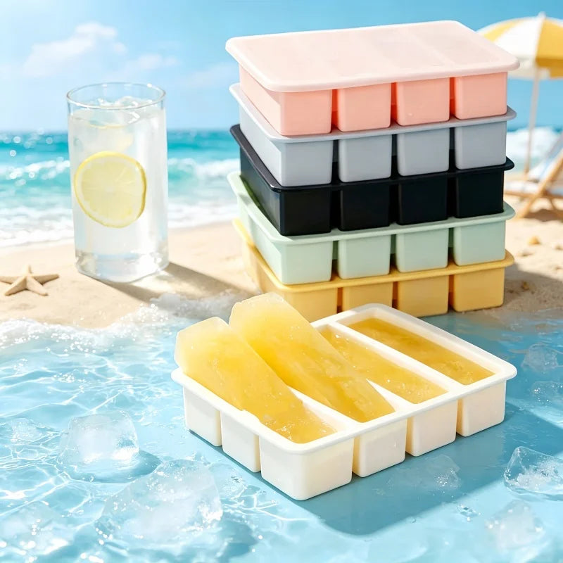 4 Grid Rectangular Silicone Ice Cube Mold with Lid Household Food Grade Ice Grid Tray Whiskey Ice Box Qme