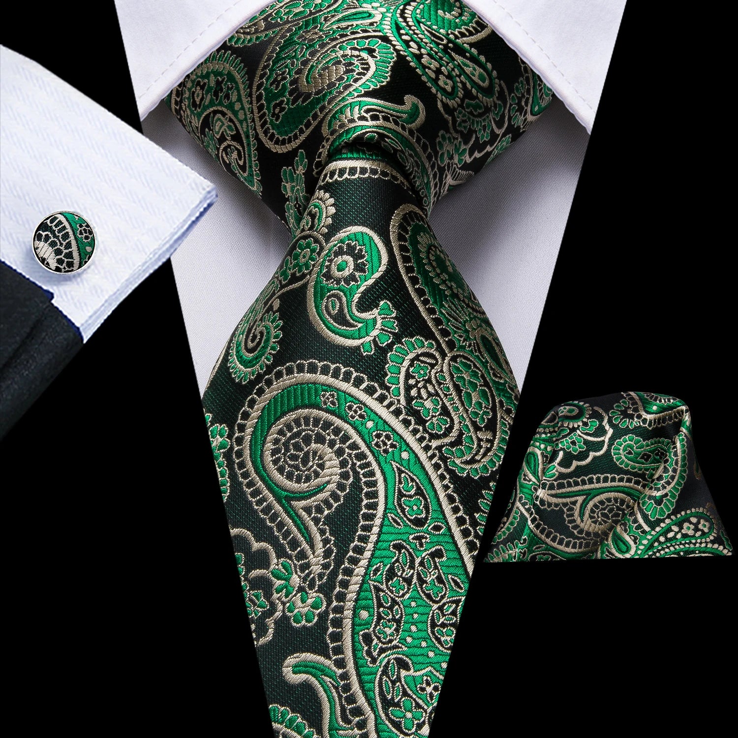 Hi-tie Paisley Dark Green Black Mens Elegant Necktie Handkerchief Qme N-3524