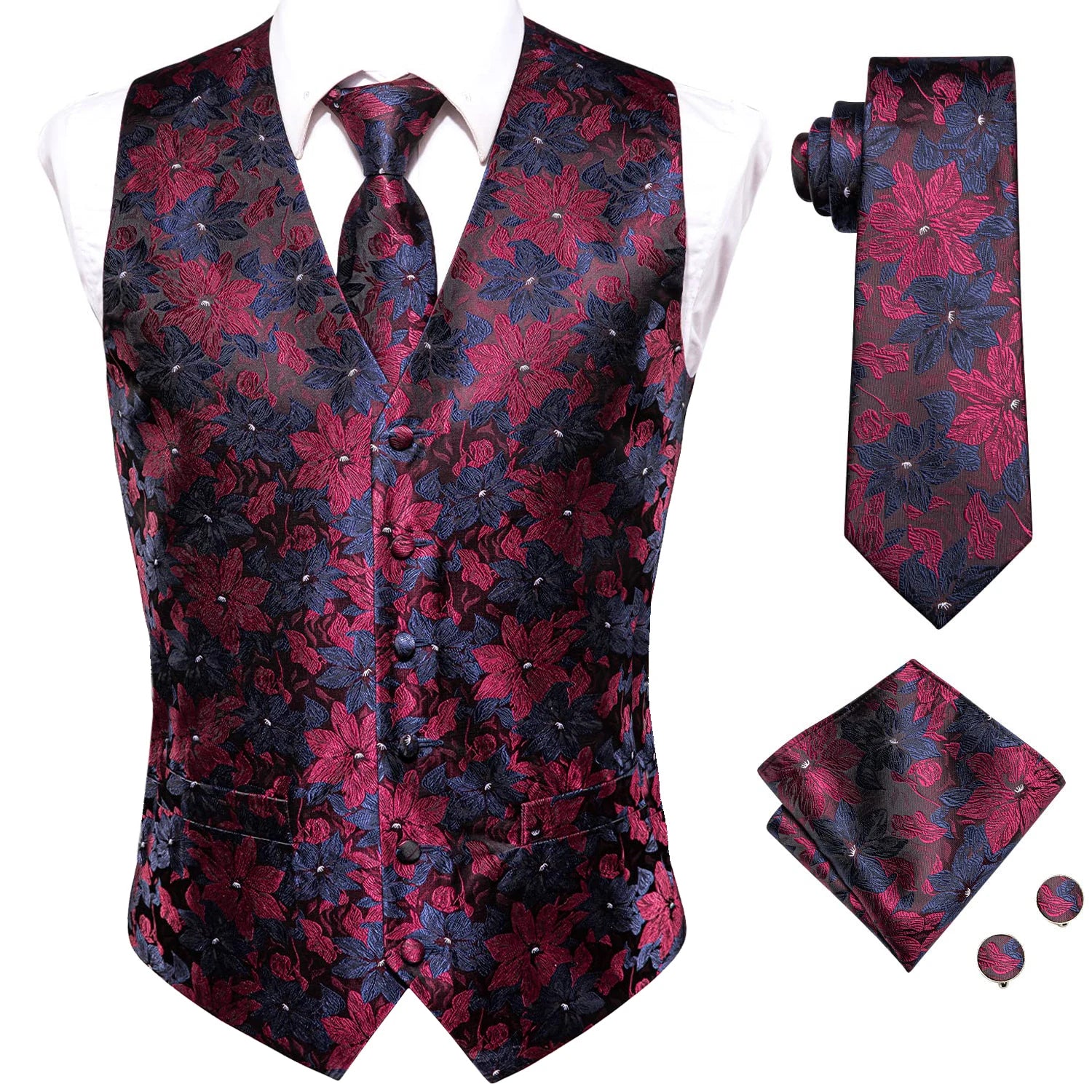 Mens Suit Vest Tie Hanky Cufflinks Jacquard Floral Paisley Waistcoat Qme