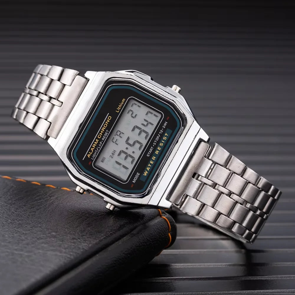 LED electronic watch with steel strip, small square, Harajuku style multifunctional watch Qme Silver