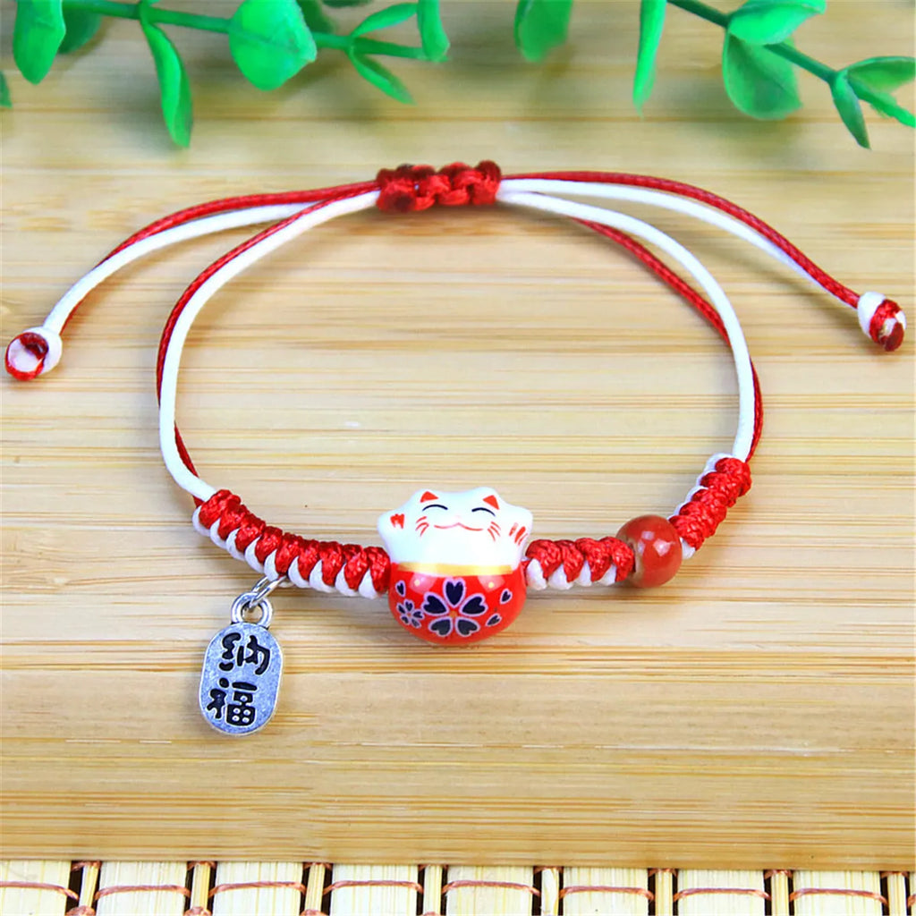 2023 Charm Versatile Lovely Cat Ceramic Woven Bracelet Couple Cute Japan Lucky Kawaii Pendant Rope Chain Jewelry Gift Wholesale Qme