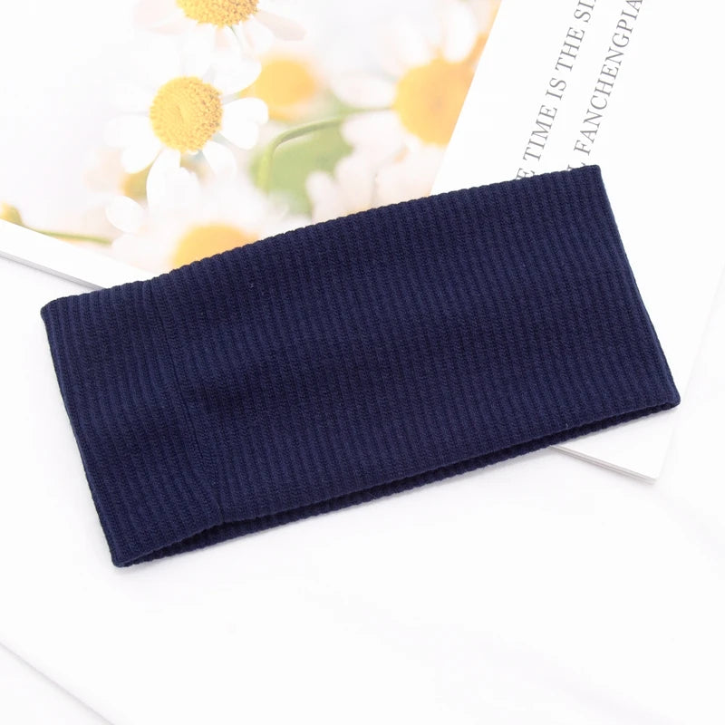 Women Solid Yoga Knitted Headband Cotton Wide Turban Twisted Knotted Qme Navy Blue