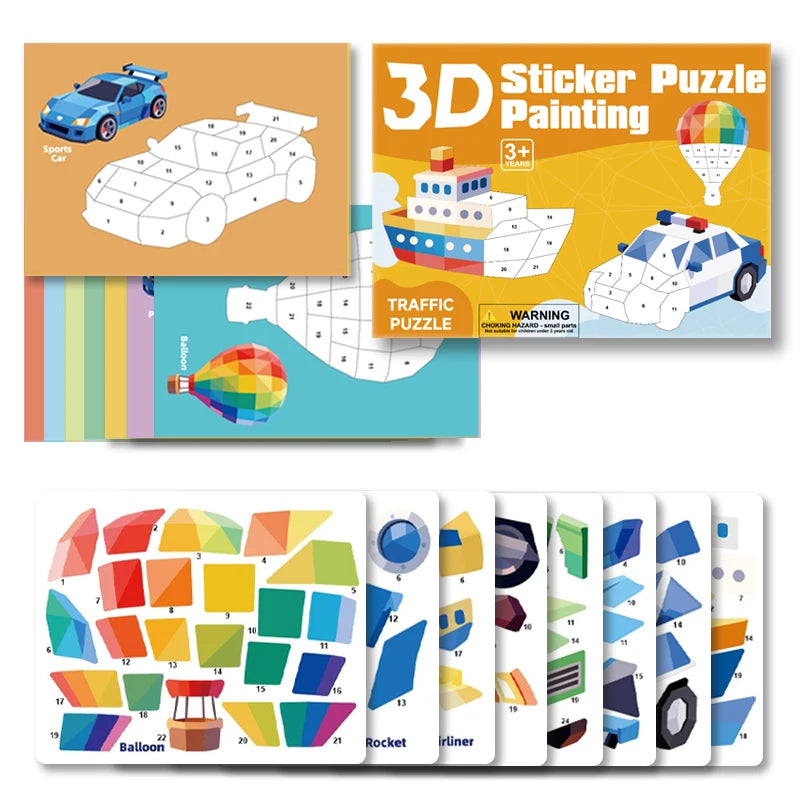 New 3D Puzzle Stickers Number Matching Puzzle Sticker Creative DIY Puzzle Sticker Painting Set (8 Patterns) Child Focus Training Qme Transportation