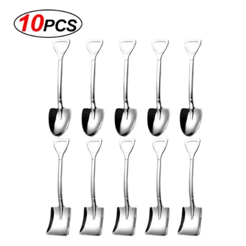 Stainless Steel Shovel Spoon Cutlery Coffee Tea Spoon Ice Cream Dessert Fruit Party Scoop Teaspoon Kitchen Tableware Cutlery Set Qme MIX-10PCS