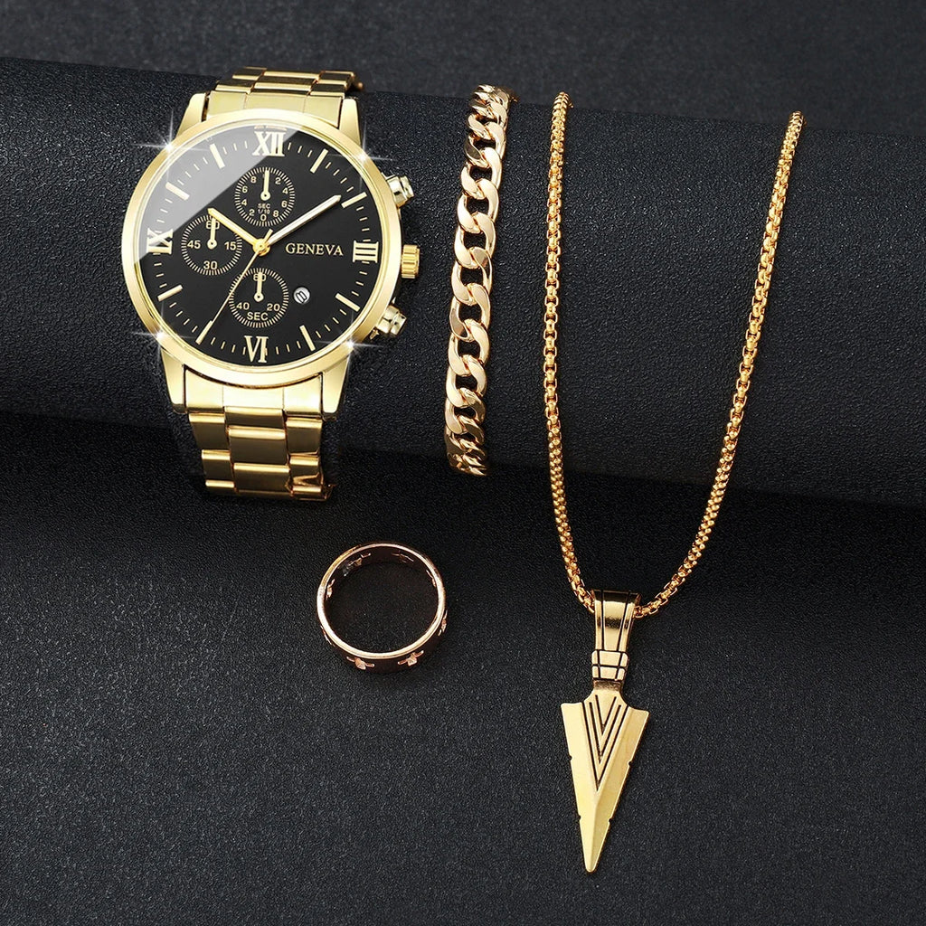 4pcs/set luxury male business watches fashion calendar watch roma dial quartz wristwatch set jewelry watch hombre (without box Qme