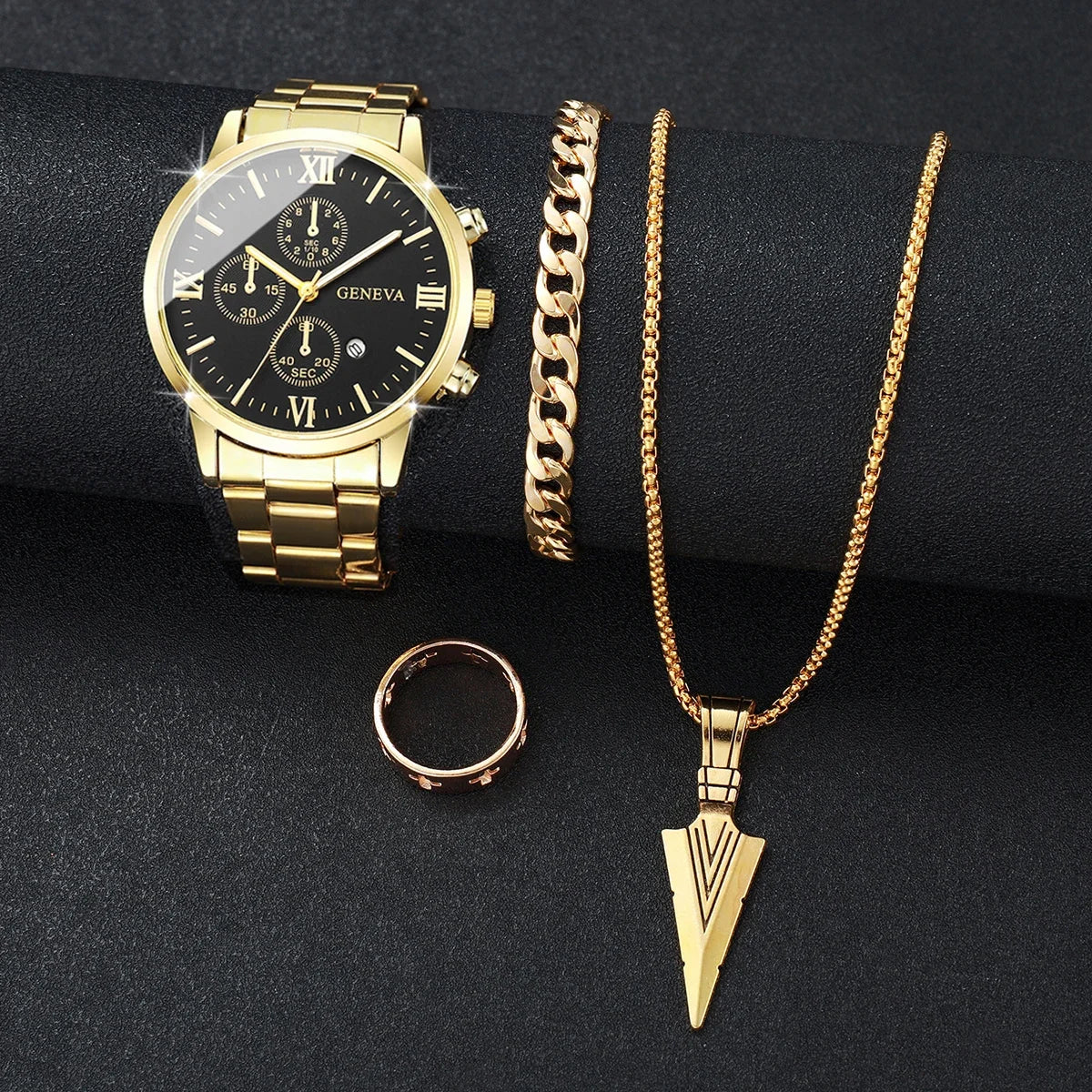4pcs/set luxury male business watches fashion calendar watch roma dial quartz wristwatch set jewelry watch hombre (without box Qme