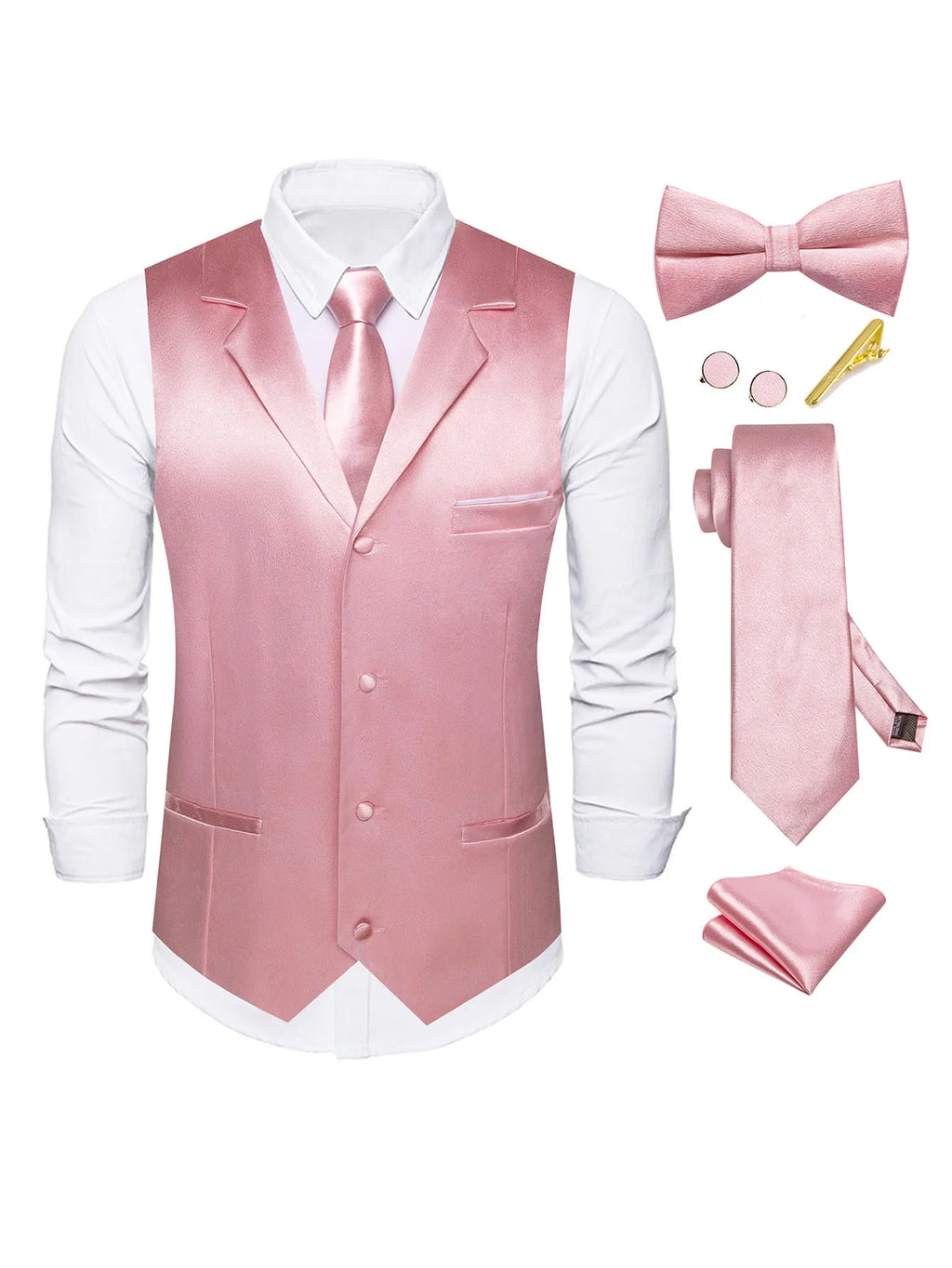 Men's Satin Vest Tie Hanky Cufflinks Bowtie Clip Formal Waistcoat Qme MJTZ3125-DPTLJ01 XL