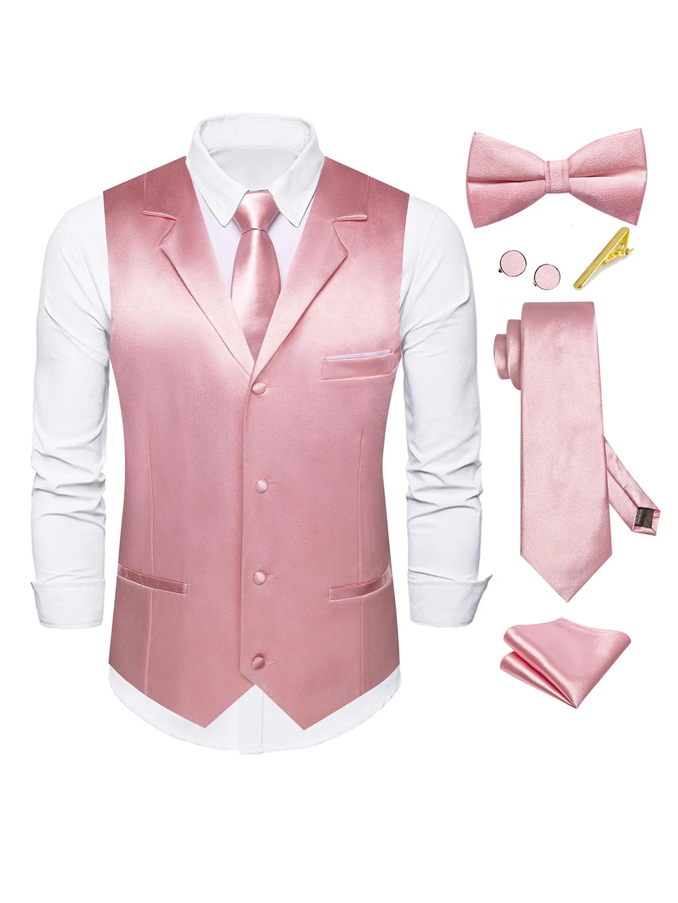 Men's Satin Vest Tie Hanky Cufflinks Bowtie Clip Formal Waistcoat Qme MJTZ3125-DPTLJ01 XL