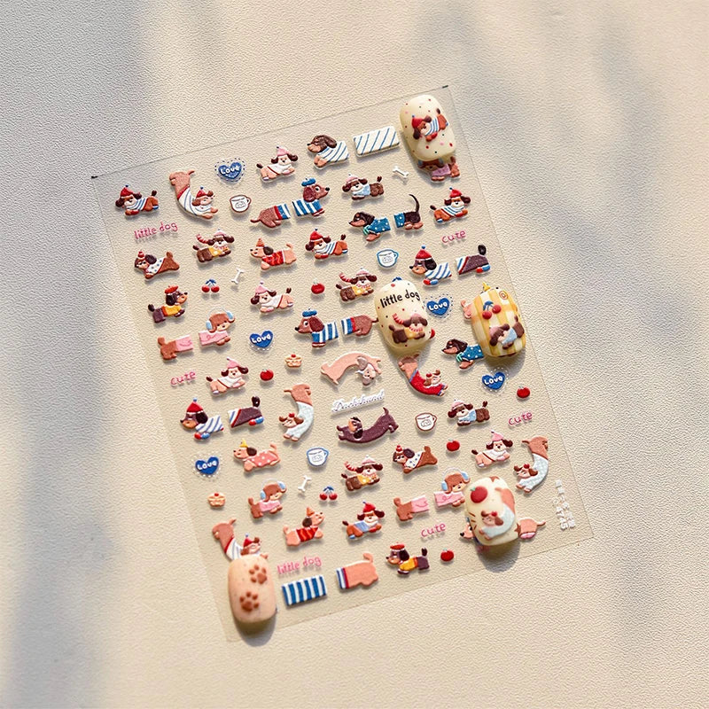 Lovely Sausage Dog Nail Art Stickers Gifts Self Adhesive Cartoon Qme