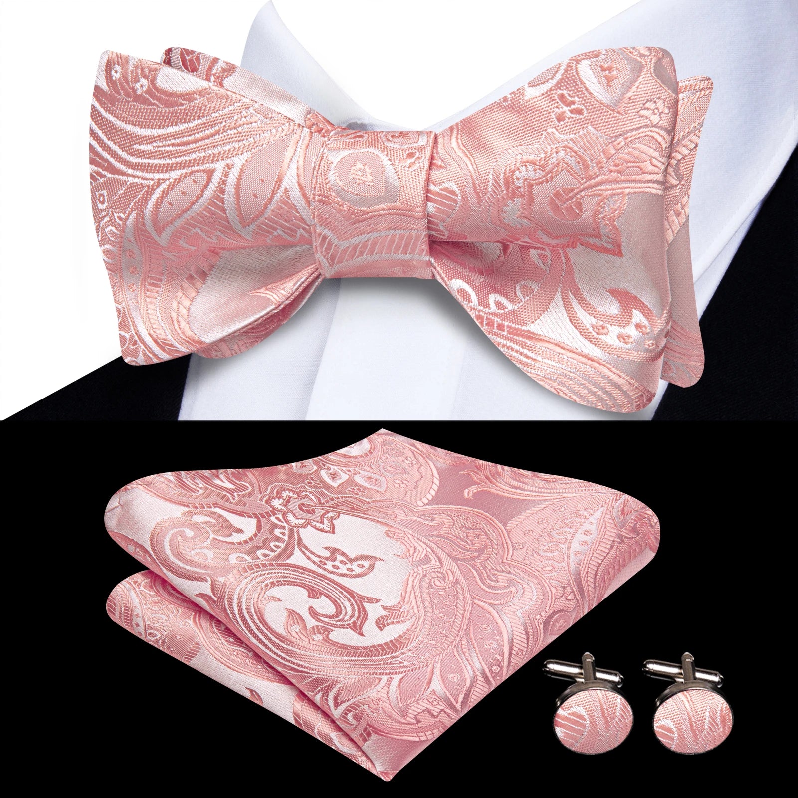 Pink Orange Sky Blue Hi-Tie Mens Bow Tie Pocket Square Cufflinks Set Self-tied Butterfly Knot Bowtie for Wedding Business Gift Qme HT-LH-2296