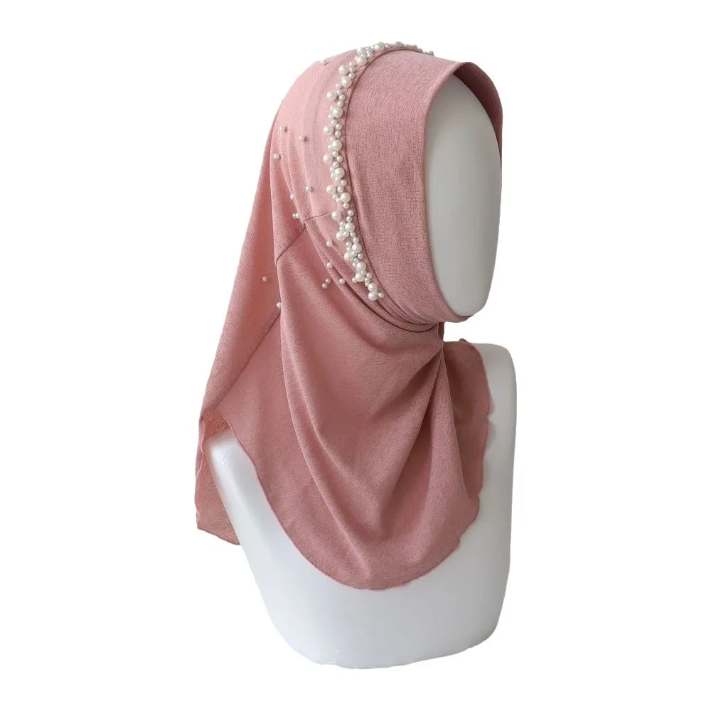 Cute Solid Color Beads Hijab Pull On Style Quick Drying Hijab Scarf Shawls Breathable Sun Protection Headscarf Summer Qme Pink