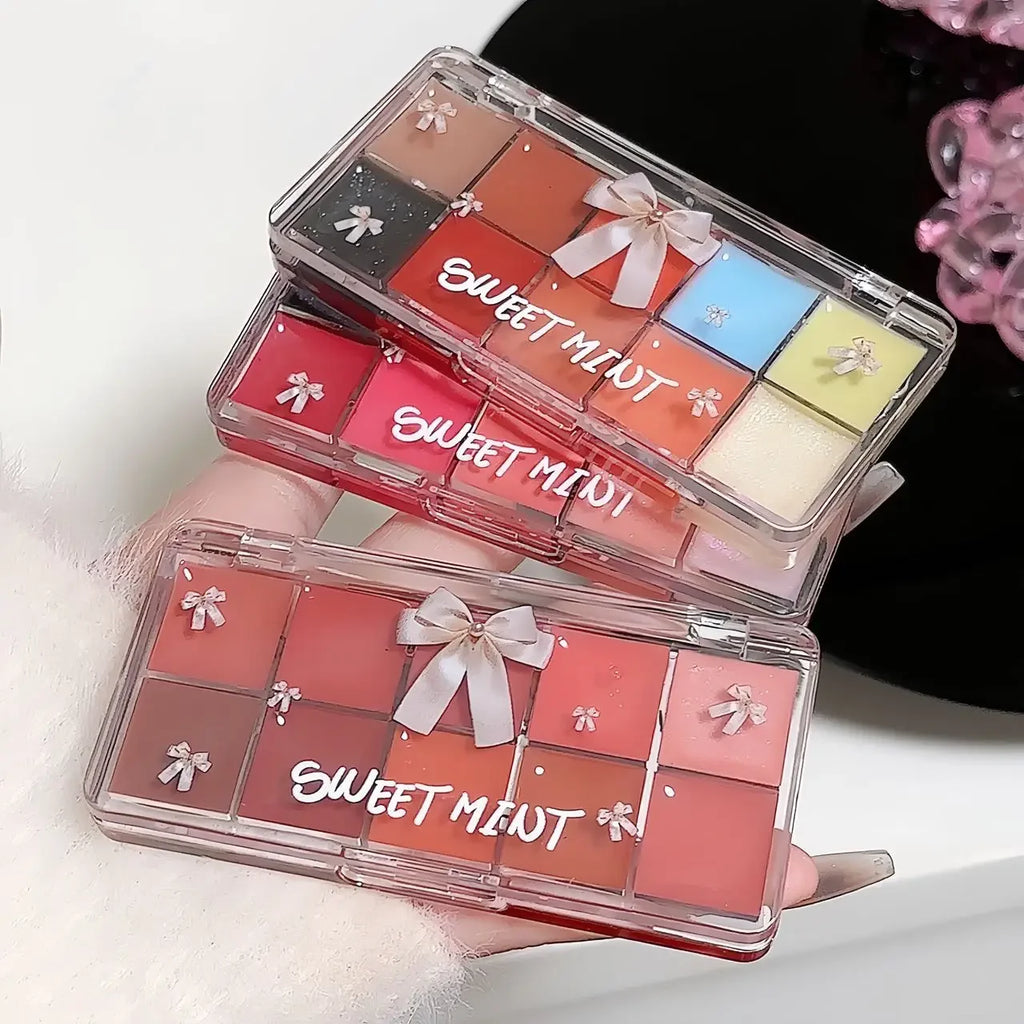 Bow 10Color Jelly Lip Gloss Palette Makeup Moisturizing Liquid Lipstick Palette Raspberry Red Jelly Transparent Lip Glaze Tinted Qme