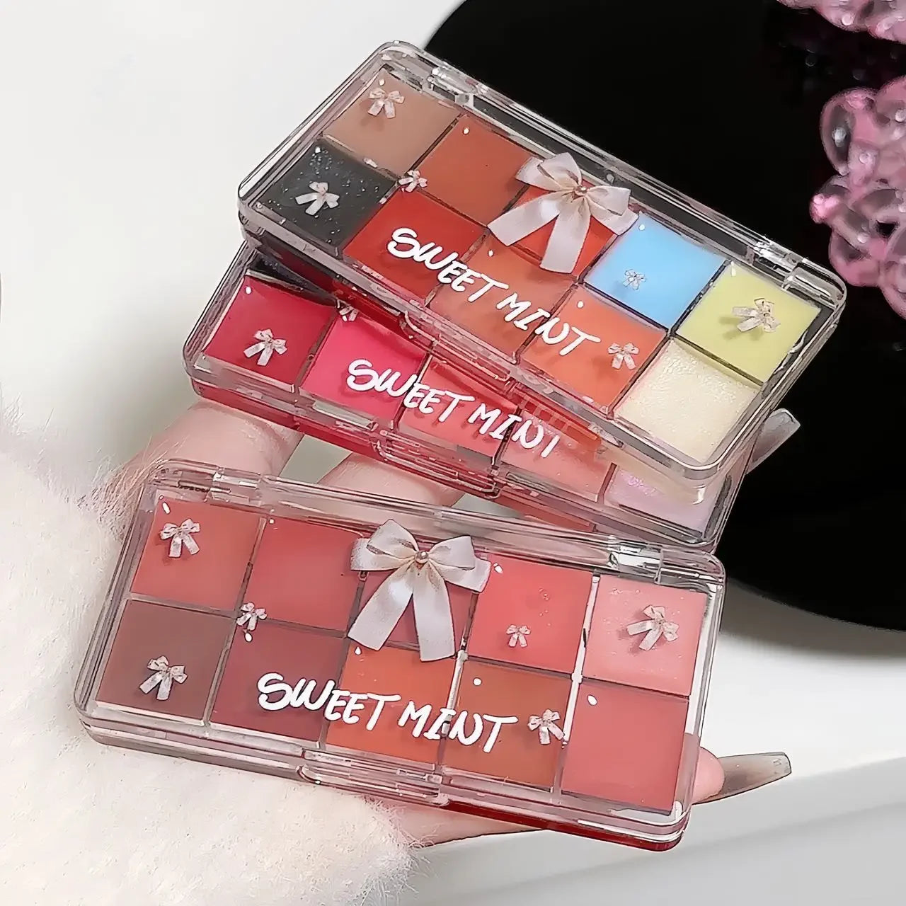 Bow 10Color Jelly Lip Gloss Palette Makeup Moisturizing Liquid Lipstick Palette Raspberry Red Jelly Transparent Lip Glaze Tinted Qme