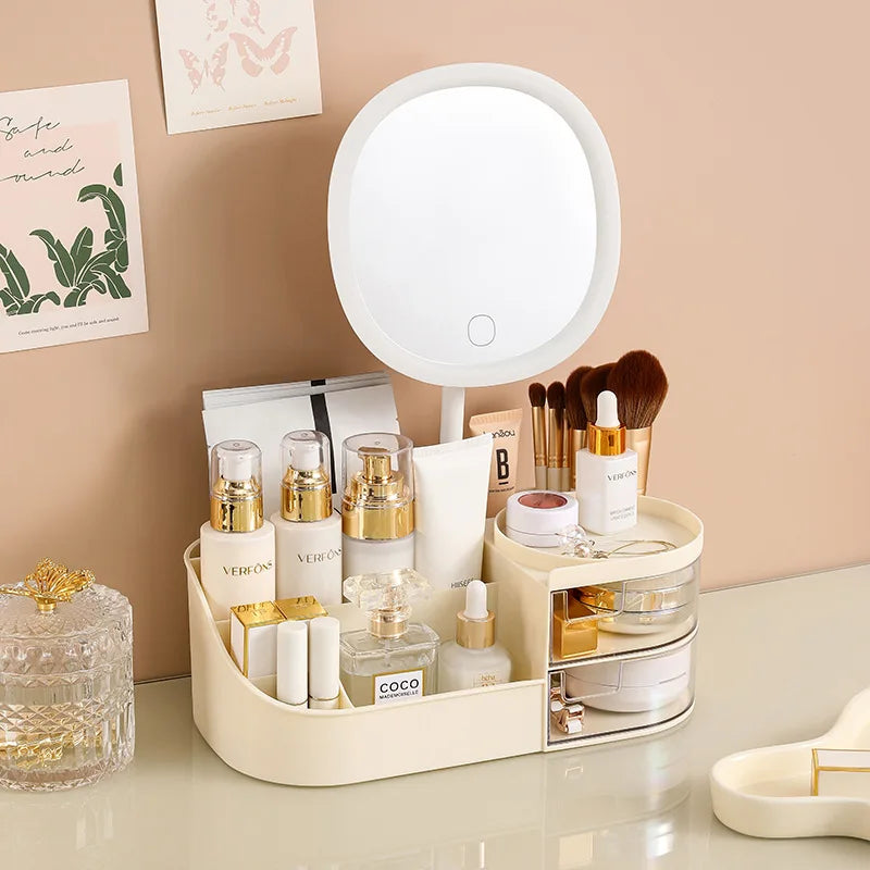 Makeup Storage Box With Mirror Desktop Dressing Table Makeup Mirror Cosmetics Jewelry Storage Box Touch Light Storage Organizer Qme MCreamWhtwithMirror