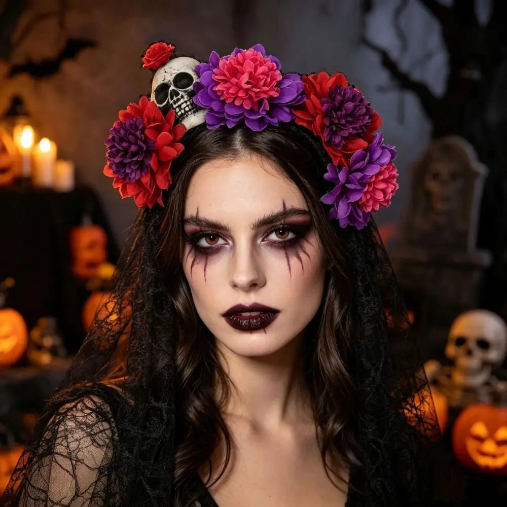 Artificial Flower Halloween Flower Headband Floral Black Veil Ghost Festival Headpiece Lightweight Photo Prop Qme
