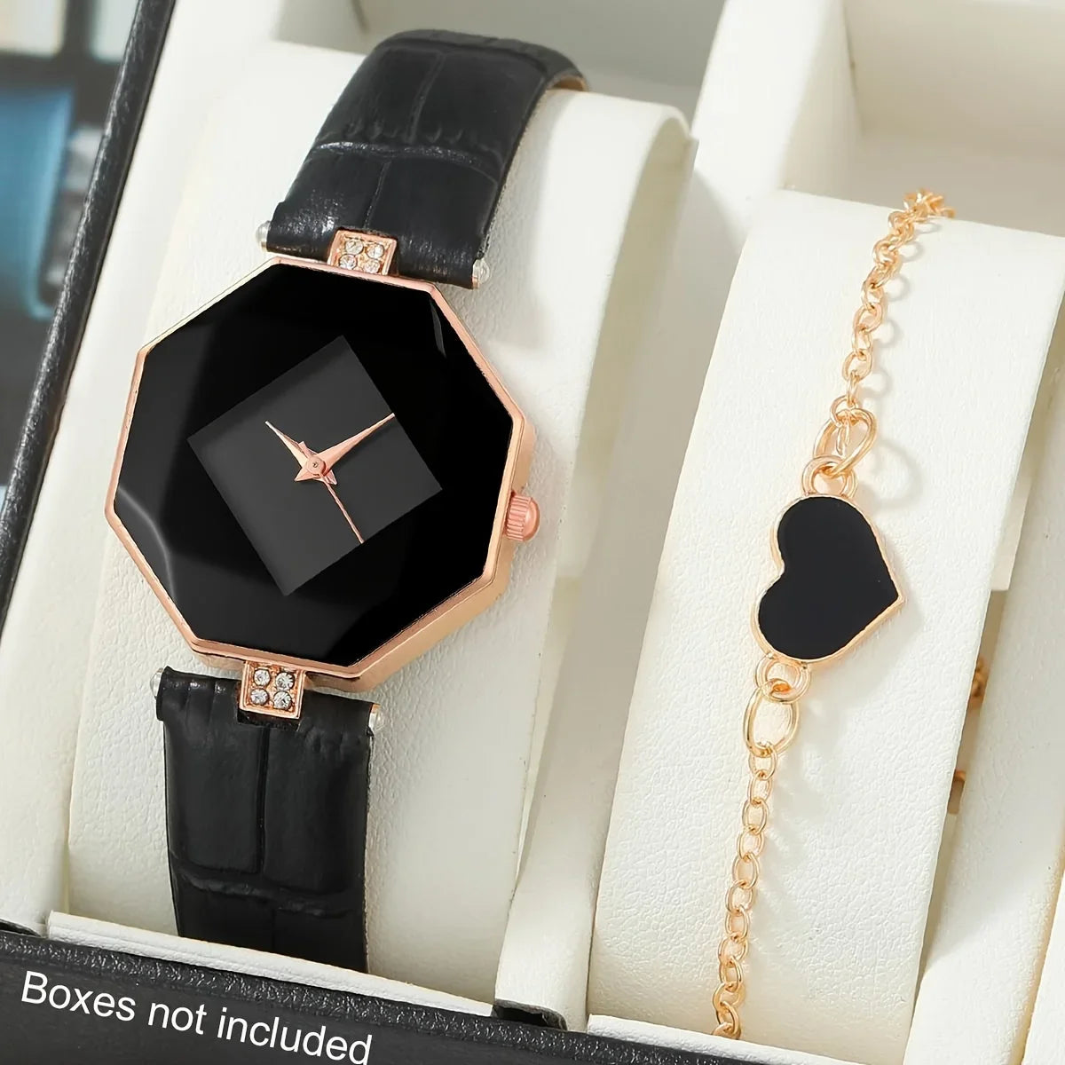 Women's Polygon Quartz Watch Pointer Quartz Watch Analog PU Leather Wrist Watch & Heart Bracelet Gift For Her Qme Black set