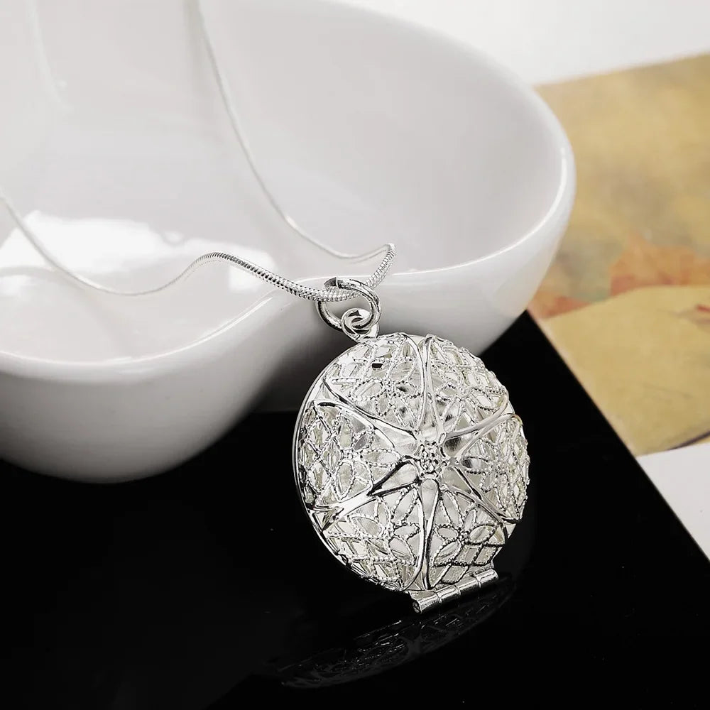 925 Sterling Silver Necklace for Women Round Photo Frame Pendant Cute Retro Christmas Gift High Quality Wedding Party Jewelry Qme Silver 75CM 30 inches