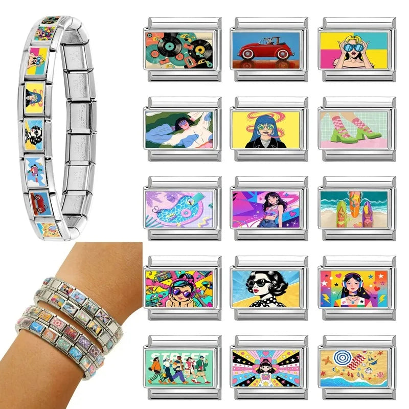 2026 Fashion Doodle Painting Beauty High-heel Swim Pool Beach Italian Charm Links Fit 9mm Bracelet Stainless Steel DIY Jewelrys Qme