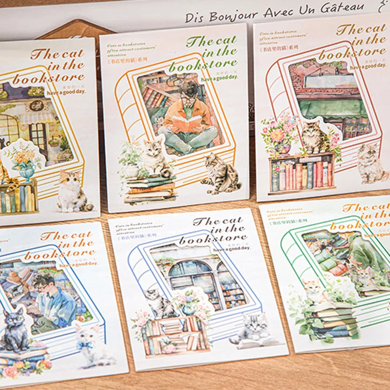 Sticker Pack 15 Sheets/Bag Bookstore Reading Cat Scrapbook Stationery DIY Journal Phone Case Notebook Decoration Qme