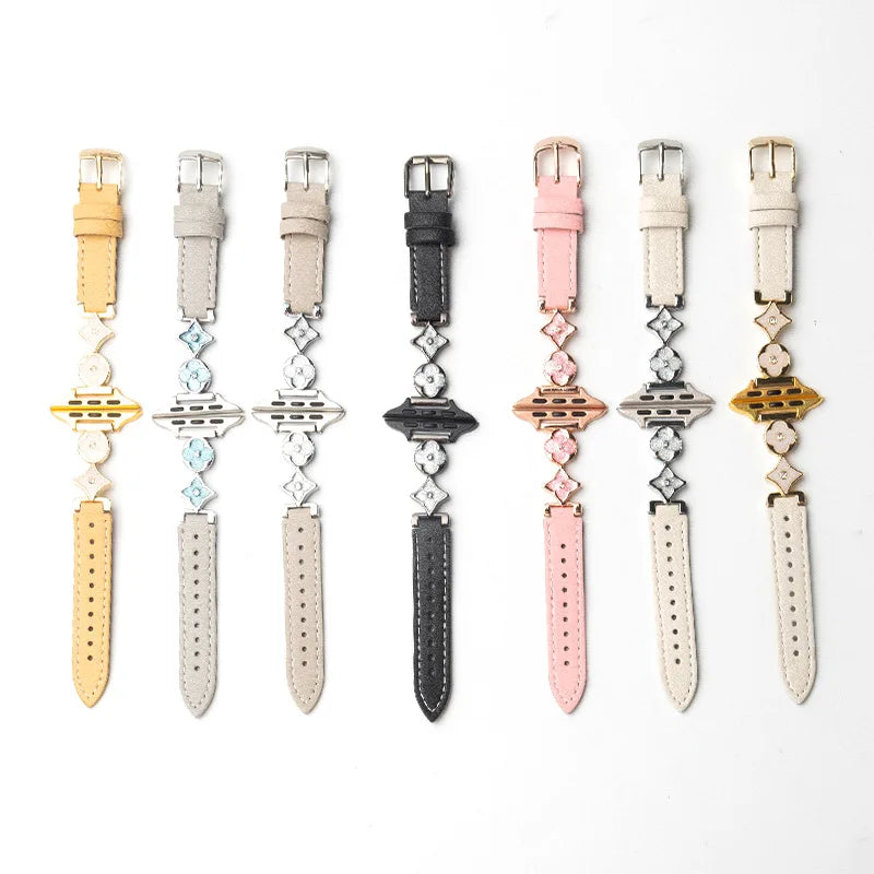 Applicable to iWatch10 strap Apple S9 watch AppleWatch metal four-leaf clover S8 leather S7S6 women's model Qme