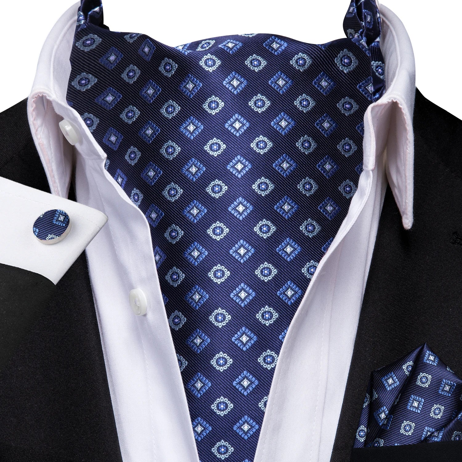Mens Blue Floral Stripes Cravat Ascot Pocket Square Cufflinks Wedding Qme LDAS1182