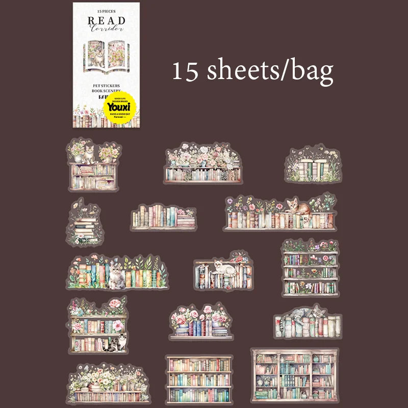 15 Sheets/Bag Book Scene Stickers for Creative Scrapbook, Clipbook, Office Stationery, Planner, Phone Cases, Decorative Gift Qme 3