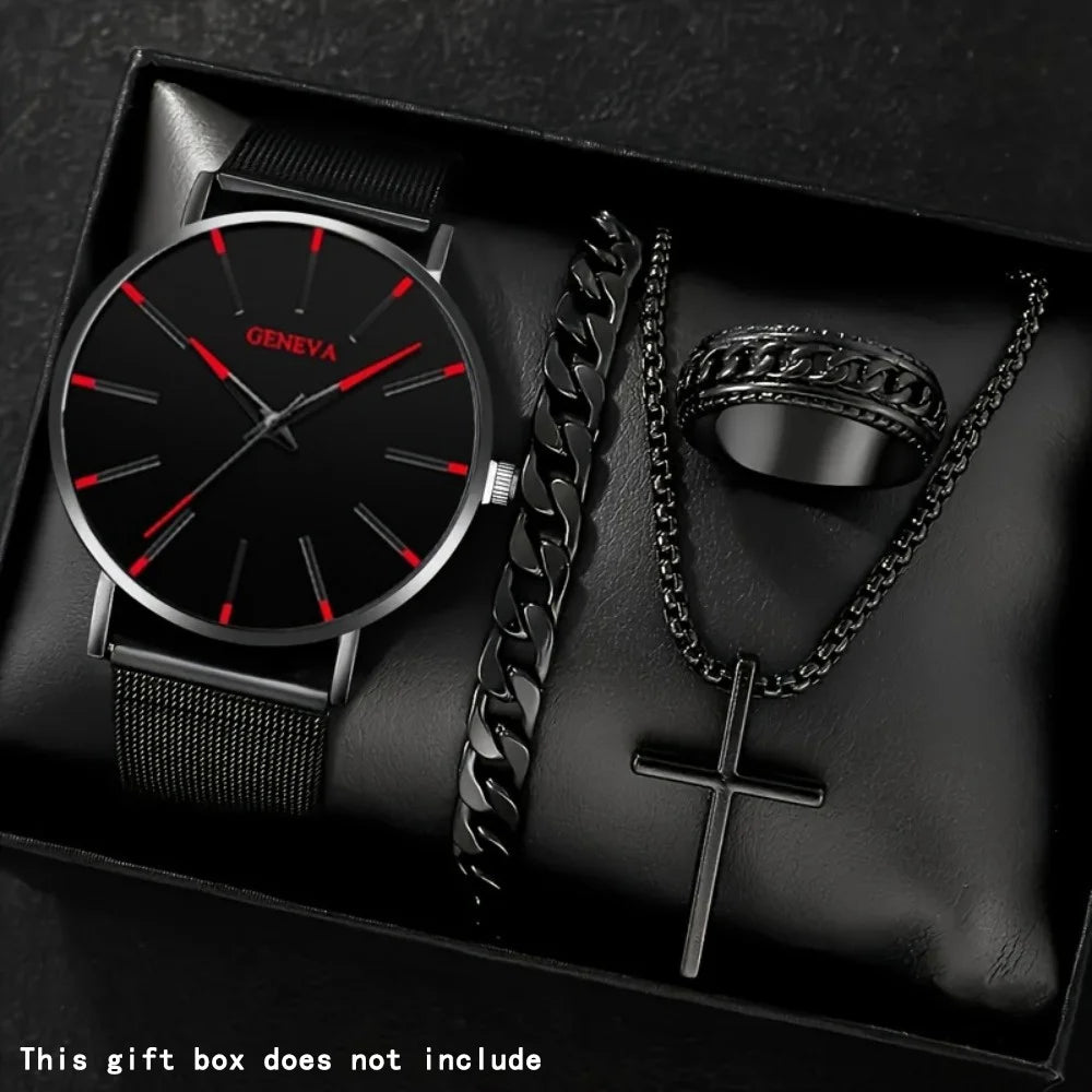 5pcs/set Fashion Men's Quartz Watch Set Classic Pointer Design Alloy Mesh Strap Watch Necklace Bracelet Ring Ideal Gift for Men Qme B No