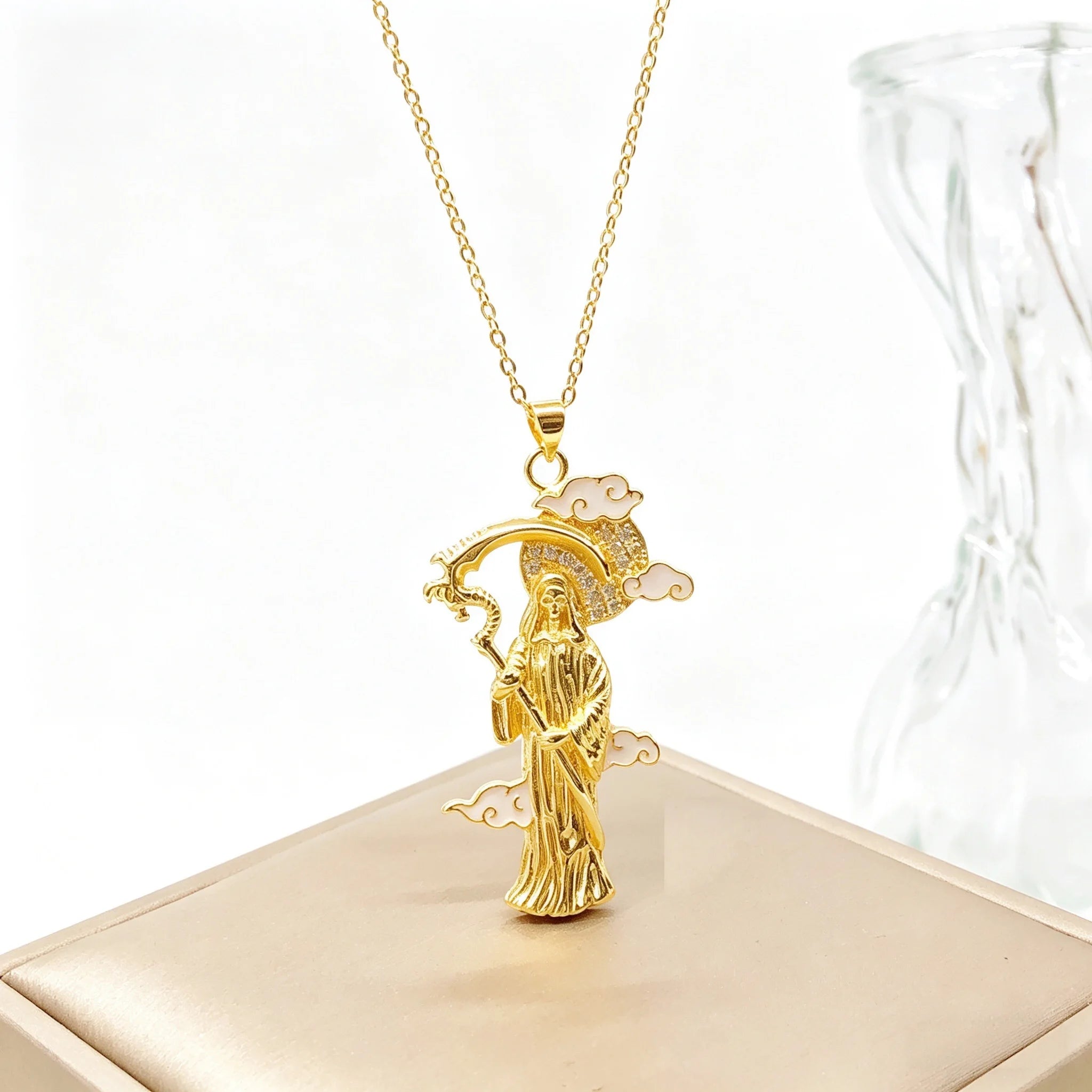 Gold-Plated Religious Medal Zircon Necklace Archangel Saint Michael Santa Muerte Jesus Choker Amulet Jewelry for Men Women New Qme 5