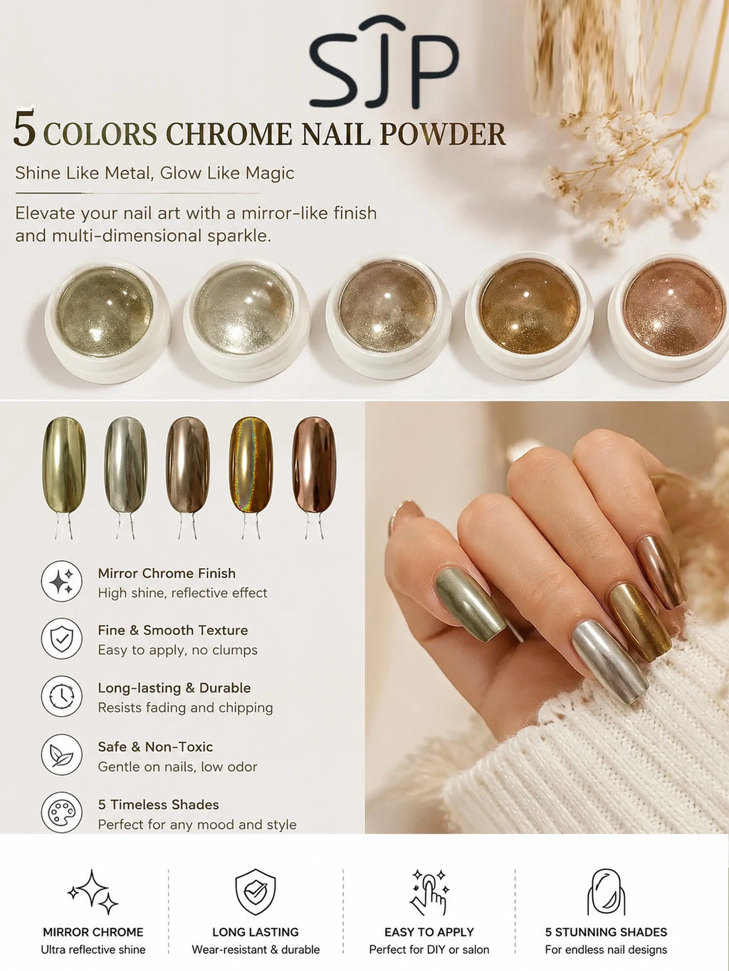 5-Color Chrome Nail Powder Mirror Effect Metallic Dust Holographic Qme Gold