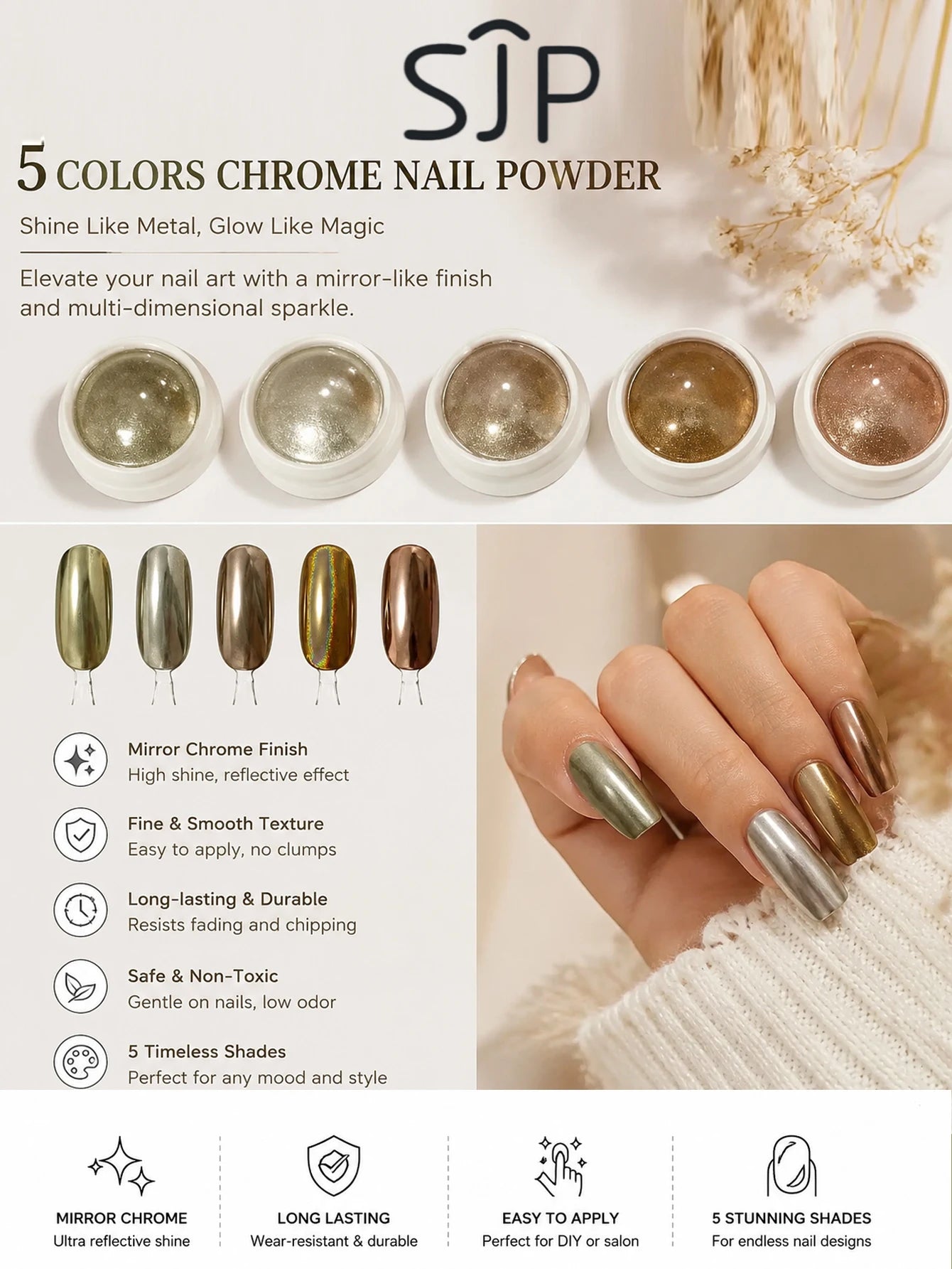 5-Color Chrome Nail Powder Mirror Effect Metallic Dust Holographic Qme Gold