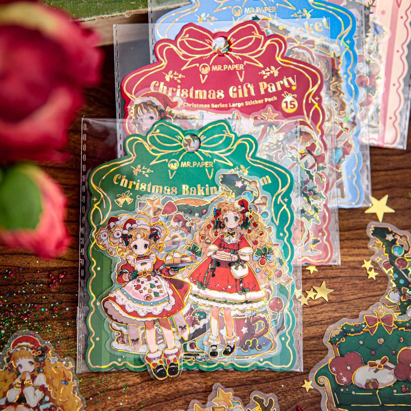 15sheets/bag Adorable Christmas Theme Large PET Sticker Pack for Scrapbooking Journaling DIY Photo Frame Collage Decoration Qme