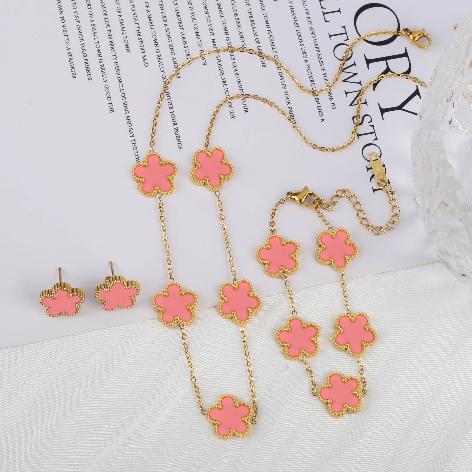 Classic Luxury Five Leaf Flower Jewelry Set High Quality Stainless Steel Bracelet Necklace Earrings Fashion Woman Clover Gift Qme Jewelry Set 7