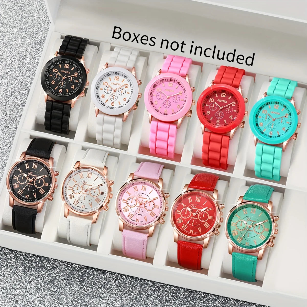 10 pcs Fashion Women's Watch Set Candy Color Casual Silicone Strap and PU Strap Quartz Watch Set Qme 7