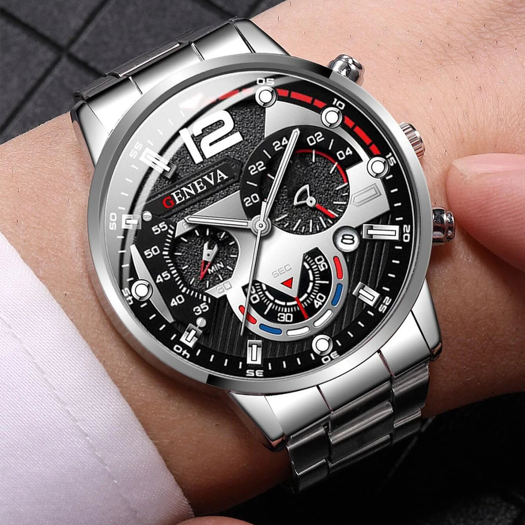 Silver Steel Band Men Chronograph Watch, Large Dial GENEVA Analog Quartz Watch for Business Casual Daily Wear Qme