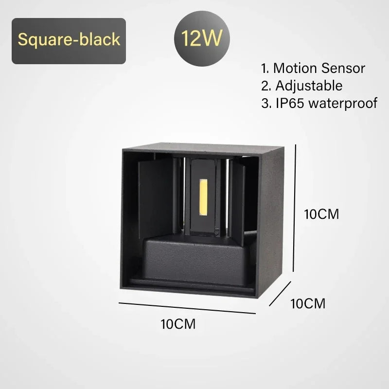 Motion Sensor Outdoor LED Wall Light LED Wall Sconce Square Waterproof IP65 Porch Garden Wall Lamp Exterior Lighting Fixture Qme Warm white Black-12W