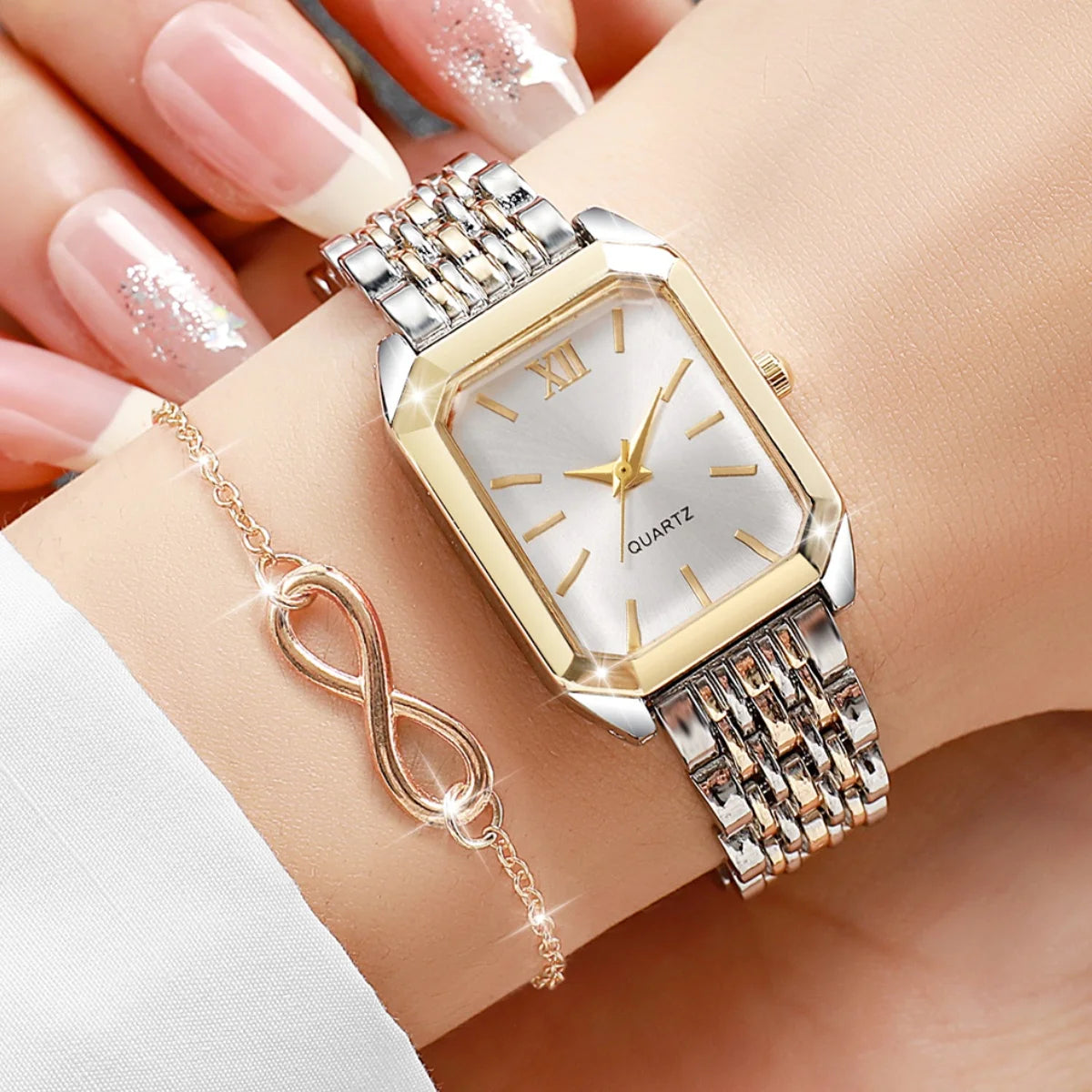 Hot Sale 2Pcs Women's Watch & Bracelet Set, Two-Tone Square Quartz Watch + Rose Gold Infinity Bracelet, Elegant Style Qme 2PCS No Box