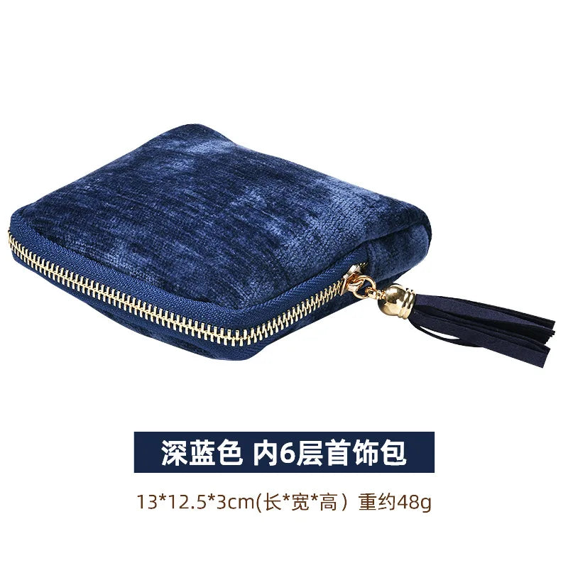 Tassel Jewelry Organizer Bag Portable Travel Case with Metal Zipper for Bracelets Jade Bangles Necklaces Rings Storage Pouch Qme Dark Blue