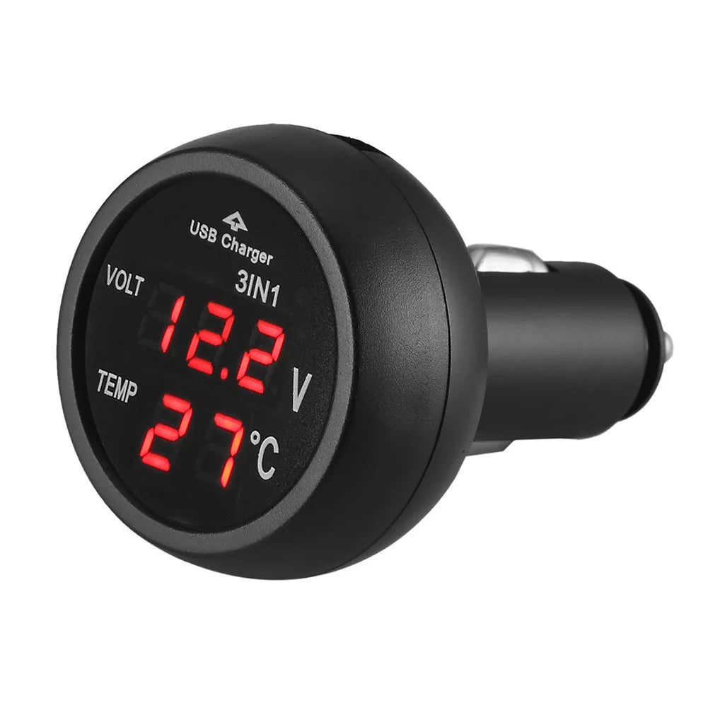 Car Charger 3 in 1 12/24V Charge with Voltmeter Switch Car Auto LED Digital Voltmeter Gauge Thermometer USB Charger Qme Red