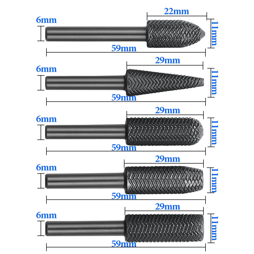 5Pcs 6mm Shank Electric Rotary File Burr Set Textured Steel Files For Soft Metal Grinding Polishing Power Tool Accessories Qme