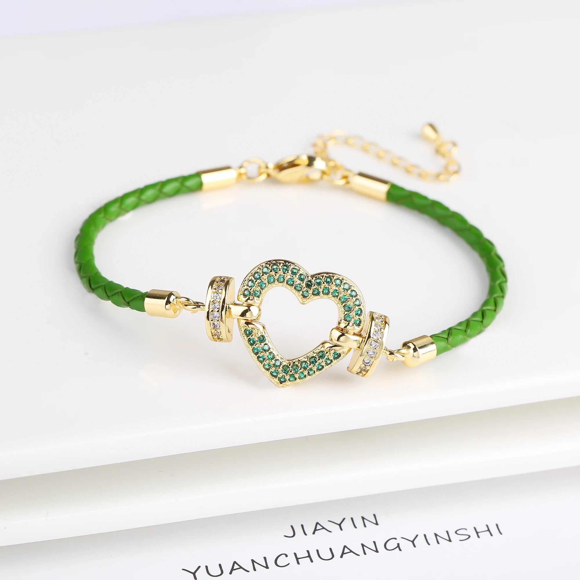 Genuine Leather Rope Braided Heart Shape Zirconia Ladies Bracelet Temperament for Women Girls Party Wedding Jewelry Holiday Gift Qme Green